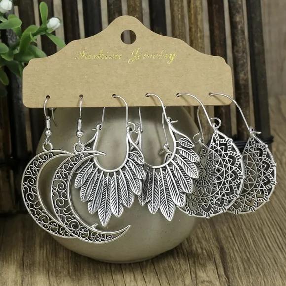 Boho Moon & Feather Hoop Earrings,Antique Silver Tone,3 Pairs Earrings Set - Picture 1 of 5
